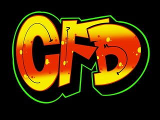 cfd illustration, word cfd with cool simple graffiti pattern and bright colors on black background