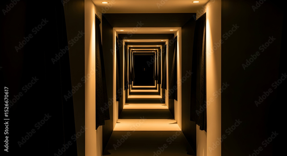 Poster perspective hallway with rectangular frames and soft glow lighting