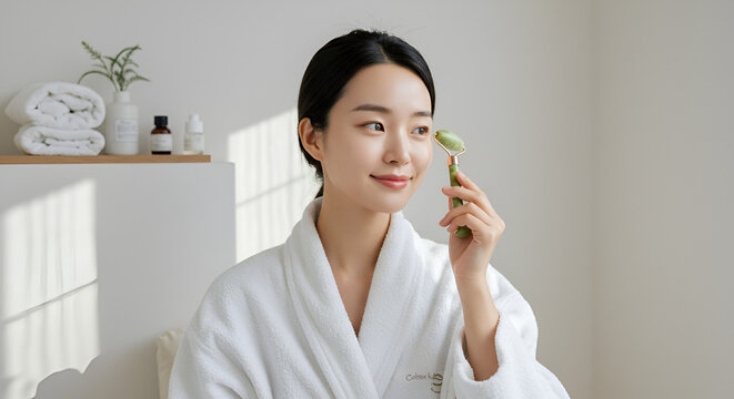 Woman using jade roller