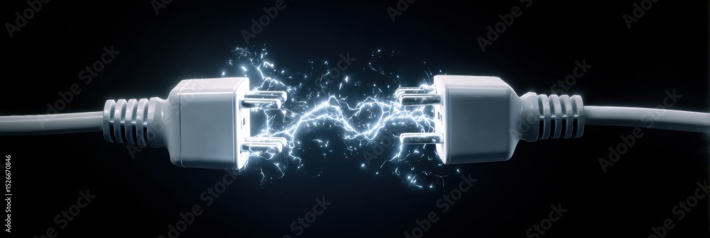 Poster Disconnected Electrical Plug and Wire Generating Glitch Spark Effect in Dark Background With Open Right Margin