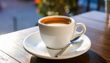 A Moment of Pure Coffee Bliss: An inviting close-up captures a pristine white cup of coffee resting gracefully on a saucer, alongside a delicate spoon on a polished wooden table.