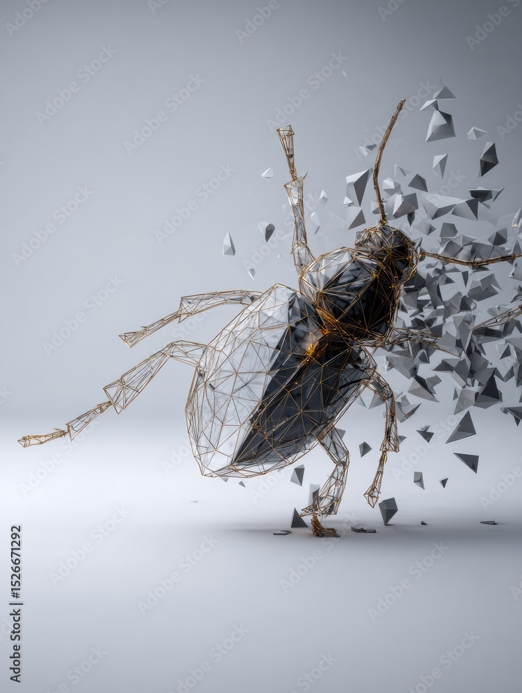 Poster 3D Wireframe of a Bug Symbol Disintegrating Into Fragments Revealing Intricate Details of Structure and Design