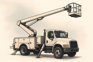A detailed flat-style illustration of an aerial lift truck with an extended hydraulic arm and bucket, typically used for utility work or maintenance at height.