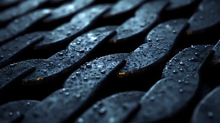 Detailed macro shot of a chain, showcasing texture and water droplets, in shades of blue and grey.