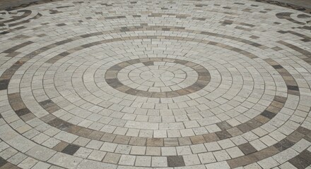 Fototapeta premium Circular stone pavement design with concentric circles and alternating light and dark colored bricks
