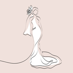 Continuous line drawing of a girl in a wedding dress and vail. Silhouette of the bride. Minimalist black linear sketch isolated on white background. Hand drawn vector illustration.