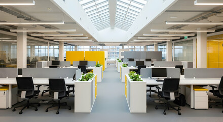 Bright Modern Corporate Workspace With Skylight And Collaborative Workstations