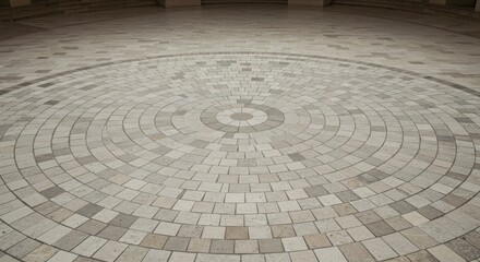 Paved round patio with concentric circles of tile