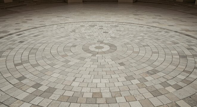 Paved round patio with concentric circles of tile - Powered by Adobe