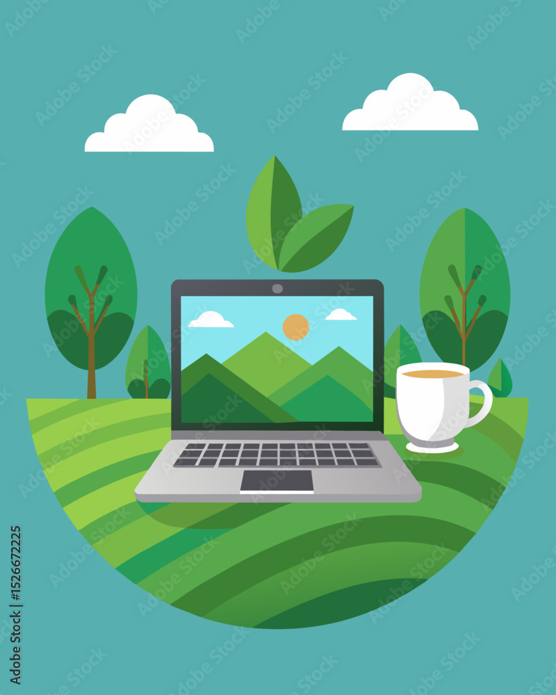 Poster the tranquility of the tea plantation is only interrupted by the click of keys as someone types away