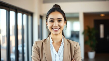 Smiling woman in tan blazer collared shirt in an office setting