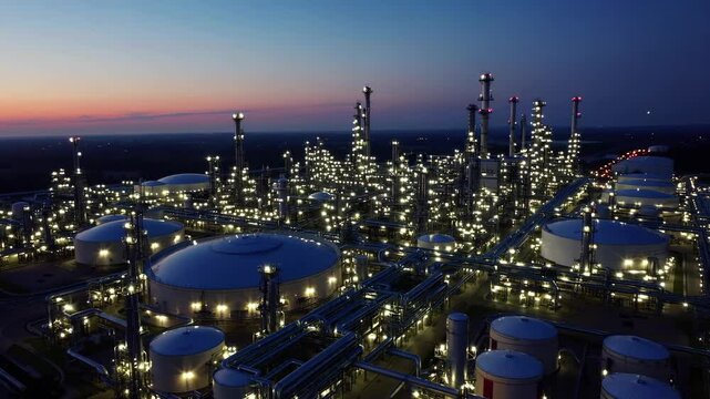 Aerial view of a vast oil refinery at dusk, illuminated by thousands of industrial lights, showcasing modern engineering and technological precision