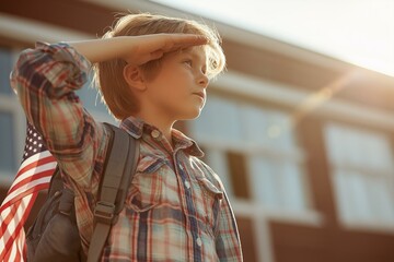 A young boy saluting with an American flag, showcasing pride and respect.