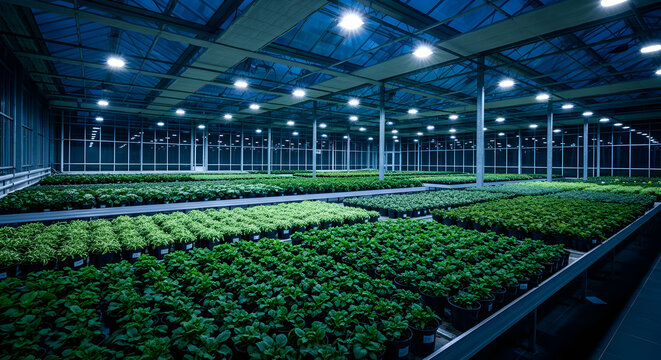 Lush Greenhouse Featuring Rows of Young Plants Under Artificial Lighting