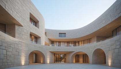 Fototapeta premium Contemporary Beige Stone Structure with Subtle Lighting and Curved Walls