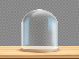 Blank stand with glass dome. On a wooden table. Vector template