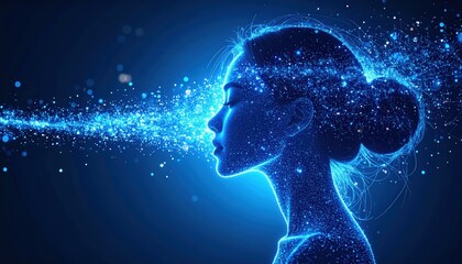 Digital Mindscape: A serene silhouette of a person, exuding ethereal calmness, merges seamlessly with a mesmerizing digital nebula of light and energy, expressing profound thought.
