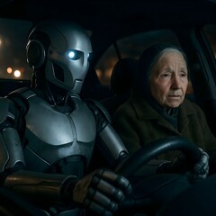 Robot Driving Car at Night with Elderly Passenger