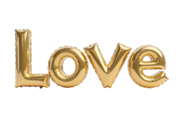 3d rendering metallic golden color "LOVE" foil balloon phrase isolated PNG