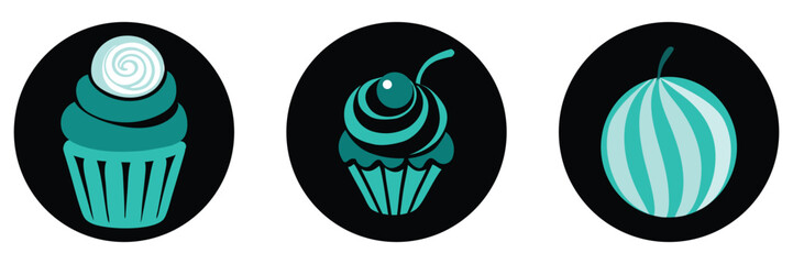 Cupcake cherry swirl candy fruit dessert sweet snack bakery decoration icon pastry treat striped melon graphic vector black background.