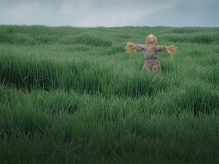 Scarecrow standing in lush green field