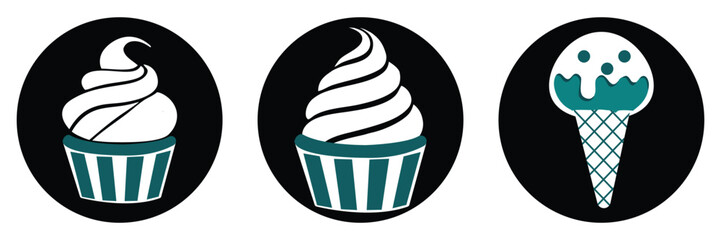 Ice cream dessert sweet cone swirl frozen summer snack dairy scoop cold treat graphic creamy food tasty flavor vector set icon.