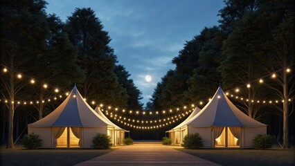 Two elegant tents lit by string lights under a night sky, surrounded by trees, creating a cozy and inviting atmosphere.