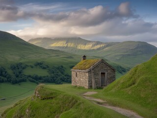 Secluded stone cottage in verdant mountain valley