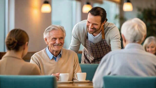 A warm interaction between a waiter and elderly patrons in a cozy café setting, highlighting connection and community.
