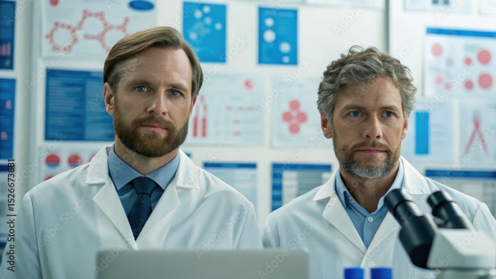 Poster two scientists in lab coats stand in front of a wall filled with research diagrams and data, symboli