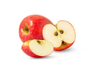 Juicy red apple and cut in a half and a slice isolated. 