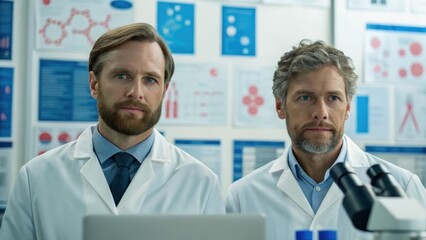 Fototapeta premium Two scientists in lab coats stand in front of a wall filled with research diagrams and data, symbolizing innovation and collaboration in a laboratory setting.