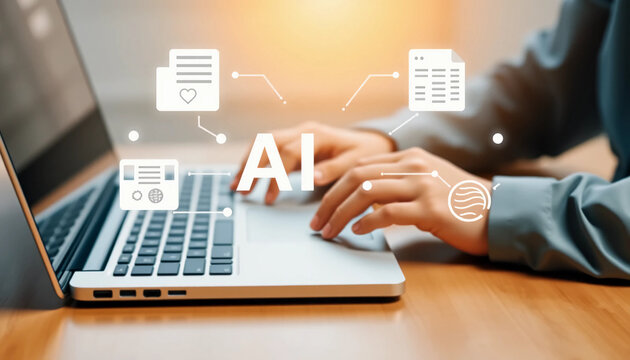 Person typing on a laptop with AI text overlay and document icons floating above the keyboard.