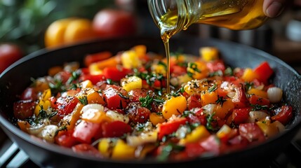 Olive oil being poured onto a vibrant mix of cooked tomatoes and peppers in a pan.