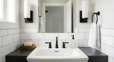 Fototapeta premium Bright And Modern Bathroom Interior With Black Accents And Subway Tile