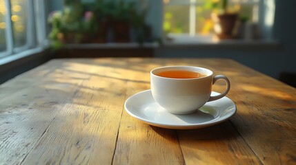 A white teacup rests on a wooden table in a sunlit room, creating a serene scene.
