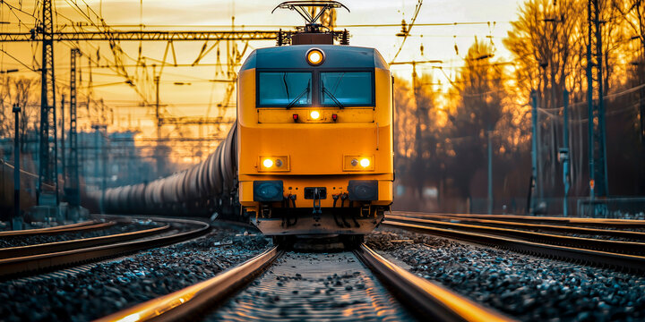 Front view of a yellow freight train on railway tracks during sunset, surrounded by power lines and trees - concept of freight rail transport and global logistics network