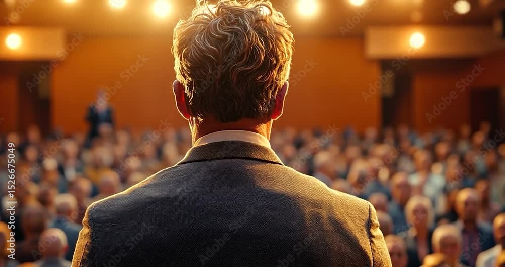 Poster back view of a man facing a crowd. he is wearing a suit with a blurred background and the warm light