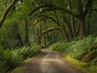 Serene forest path winding through mossy trees