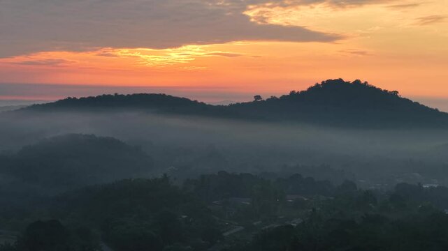Dramatic morning sunrise over an Asian oil palm plantation. Golden light pierces through low mist, casting long shadows across neat rows of palm trees and creating a warm, cinematic landscape.