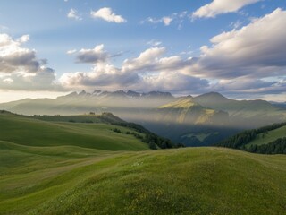 Serene mountain meadow sunset landscape