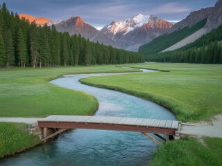 Serene mountain river valley landscape wooden bridge