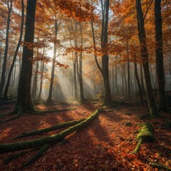 "A dense forest in early autumn, with sunlight piercing through orange and red foliage, a carpet of fallen leaves, and mist hovering above the ground"