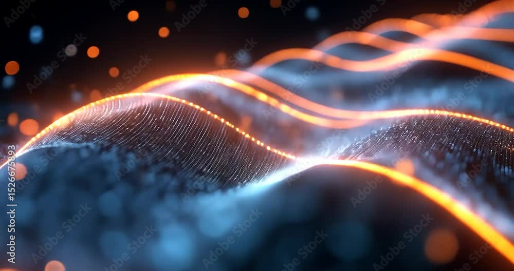 Poster abstract digital wave particles in blue and orange colors that represents digital data. futuristic t