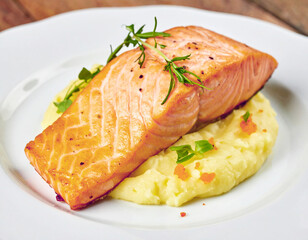 Salmon fillet served over creamy mashed potatoes. AI
