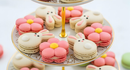 Elegant Pastries Showcasing Easter Bunny and Flower Macarons on Tiered Stand