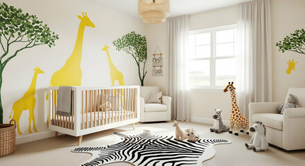 Safari Themed Nursery Interior Design Featuring Giraffe Decals And Plush Animal Toys