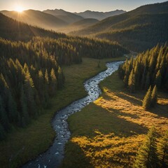 "A serene mountain valley at sunrise with golden light casting long shadows, pine trees swaying gently in the breeze, and a crystal-clear river winding through the meadow"