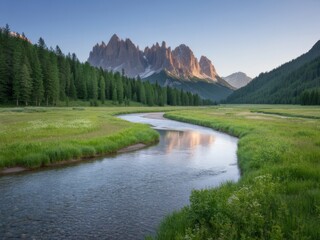 Serene river valley with majestic mountain peaks at sunset