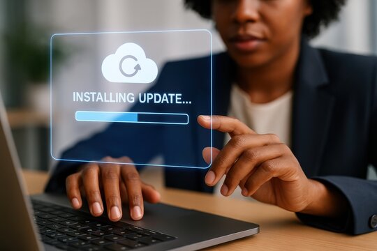 Person updating software laptop with futuristic digital interface